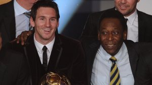 Barcelona's Argentinian forward Lionel Messi (2ndL) poses near Brazilian football legend Pele (C), Barcelona's Brazilian Dani Alves (L) and Santos FC' Brazilian forward Neymar (R) after receiving for the third time the FIFA Ballon d'Or award on January 9, 2012 at the Kongresshaus during the FIFA Ballon d'Or ceremony in Zurich.         AFP PHOTO / FRANCK FIFE (Photo credit should read FRANCK FIFE/AFP/Getty Images)