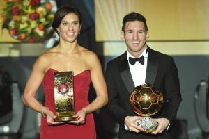 ZURICH, SWITZERLAND - JANUARY 11:  Carli Lloyd of USA and Houston Dash the recipient of the FIFA Women's World Player of the Year Award and Lionel Messi of Argentina and FC Barcelona recipient of the Ballon d'or pose during the FIFA Ballon d'Or Gala 2015 at the Kongresshaus on January 11, 2016 in Zurich, Switzerland.  (Photo by Matthias Hangst/Getty Images)